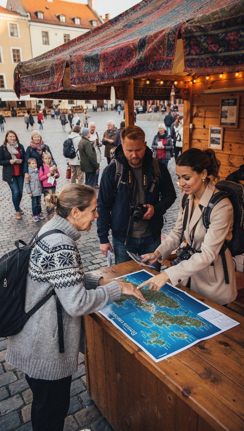 Parvlaevade pardal olev teeninduslaud, kus reisijad saavad teavet saartevahelise liikumise, majutuse ja tegevuste kohta Eestis.